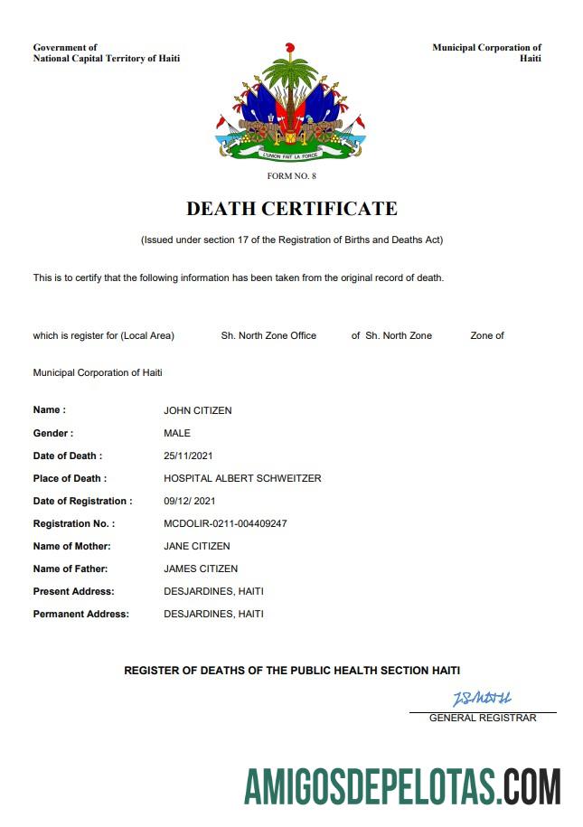 Em branco modelo Word e PDF de certidão de óbito do Haiti